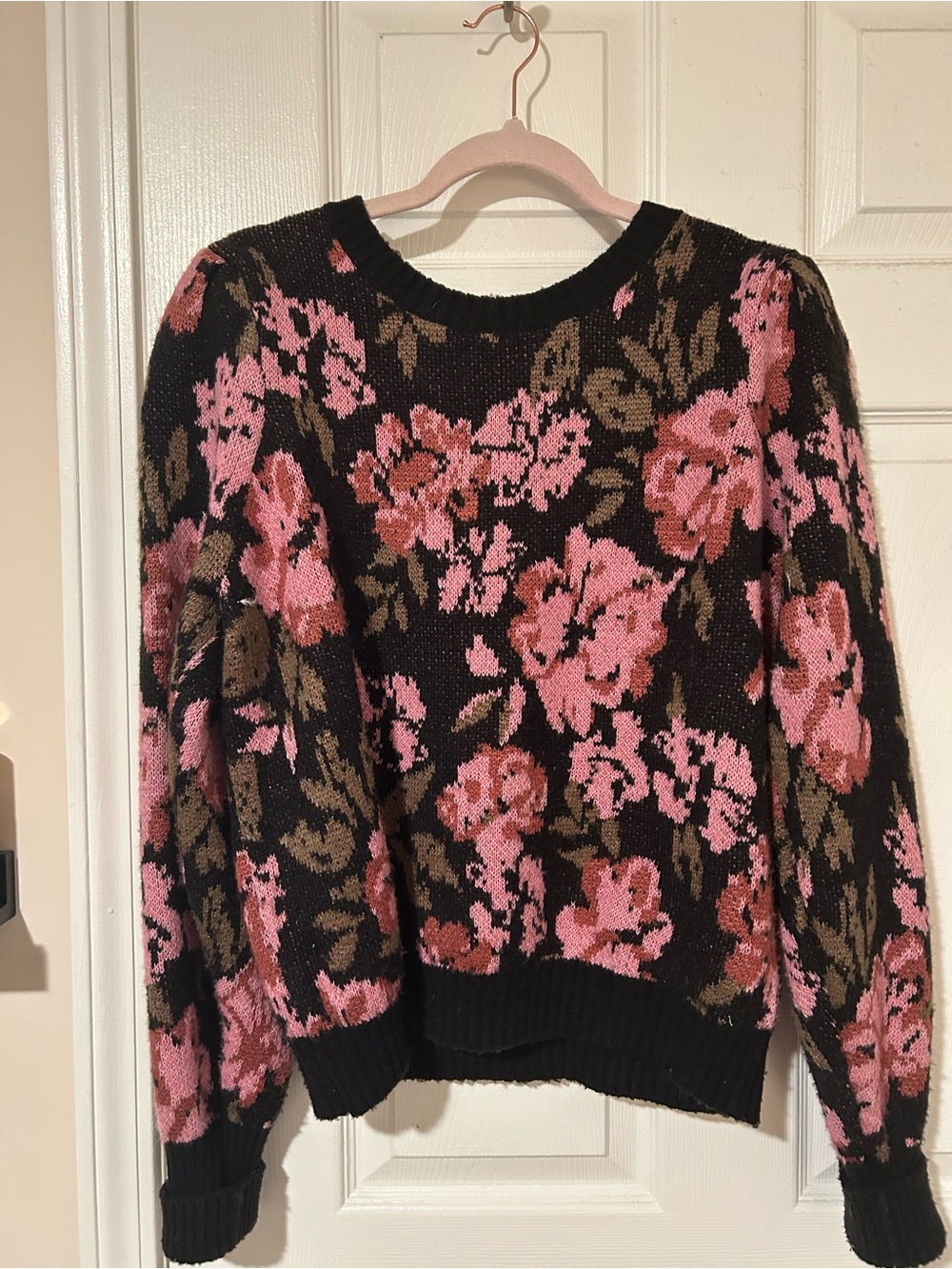 saltwater LUXE Black Crewneck Sweater with Pink Floral Motif
